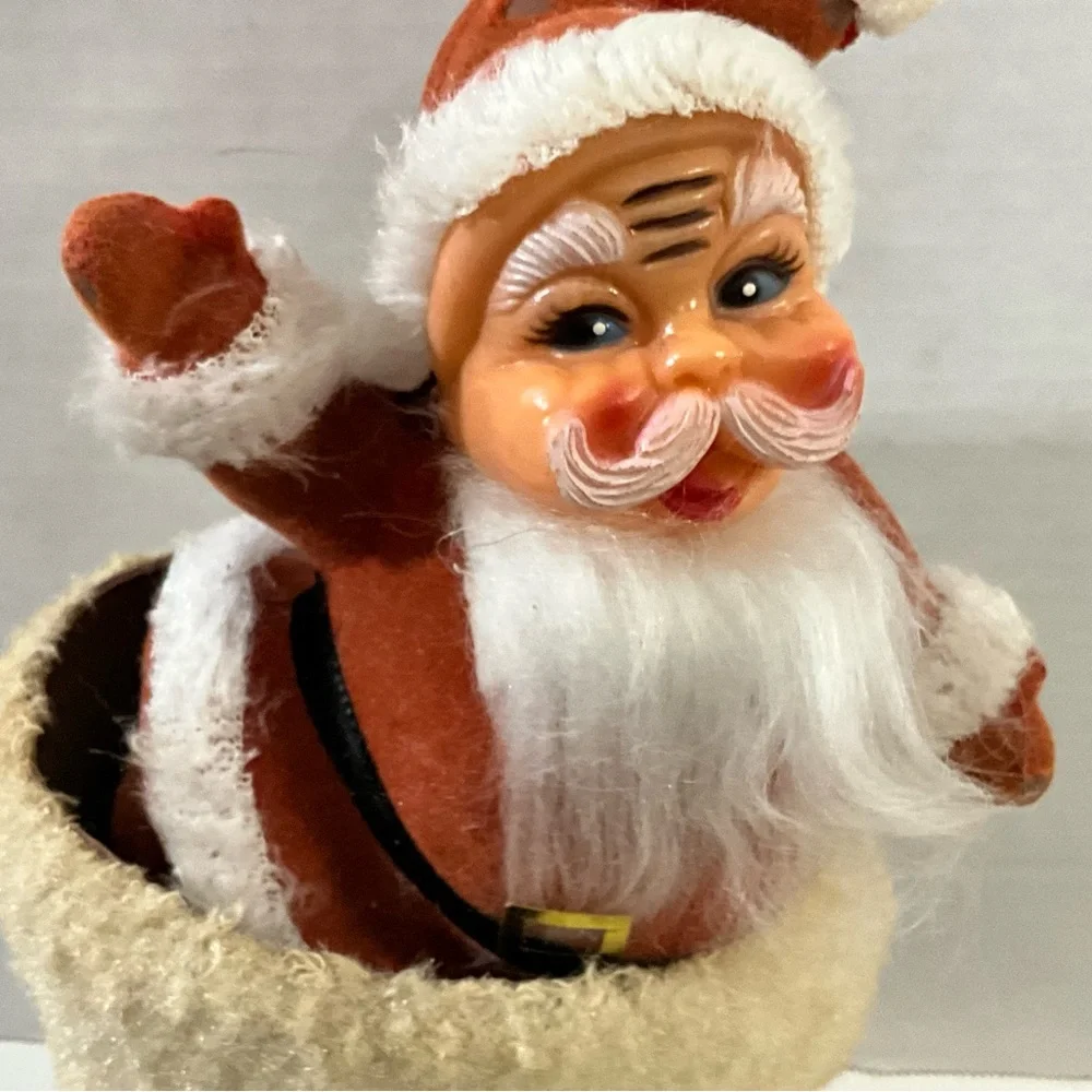 Vintage Christmas Flocked Santa in a Flocked Brown Boot MCM